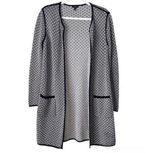 Talbots | Long Line Open Front Cardigan Sweater Duster Navy White Small